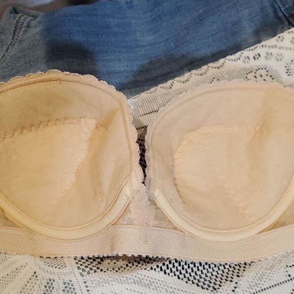 Vintage Carnival Beige Strapless Floral Lace Bra 36B 324 - Picture 7 of 10
